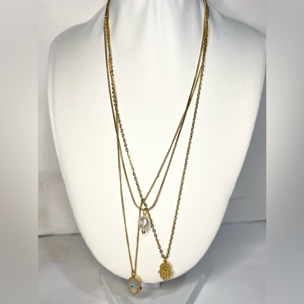 18k over stainless steel dainty evil eye hand layer necklace set